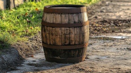 Weathered old wooden barrel rests on the ground, embodying the essence of vintage aged wood. This old wooden barrel represents rustic charm and timeless appeal, with ample copy space.