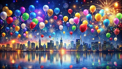 A vibrant skyline silhouetted against a night sky filled with brightly colored balloons and sparkling fireworks, reflecting in a still body of water.