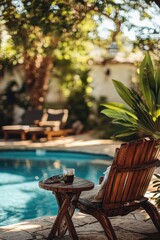 Obraz premium A serene poolside retreat featuring a cozy wooden lounge chair, overlooking a private swimming pool. The scene exudes a sense of tranquility and relaxation, perfect for those seeking to unwind.