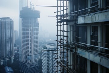 Mist envelops towering city structures, while scaffolding stands as a testament to urban growth amid modernization and change.
