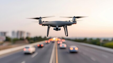 Drone flying over a busy road during sunset, showcasing modern technology in motion.