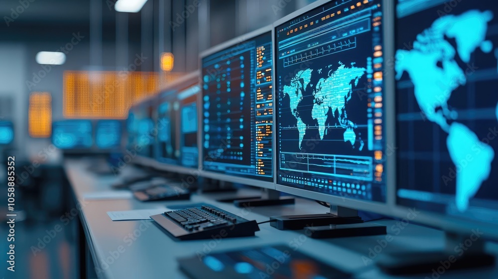 Aufkleber High-tech data center with multiple monitors displaying global information.