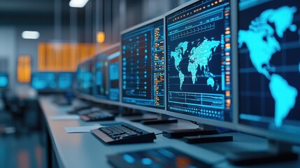 Fototapeta premium High-tech data center with multiple monitors displaying global information.