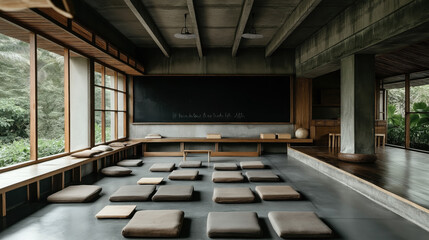 Minimalist meditation room with large windows, wooden accents, and multiple cushions on the floor for seating in a serene setting.