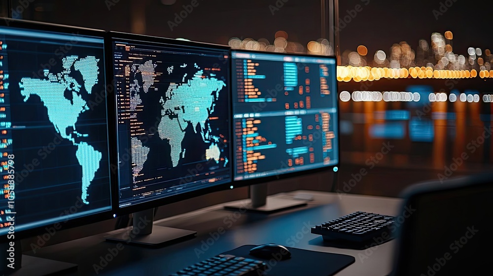 Aufkleber Multiple computer screens displaying data and world maps at night.