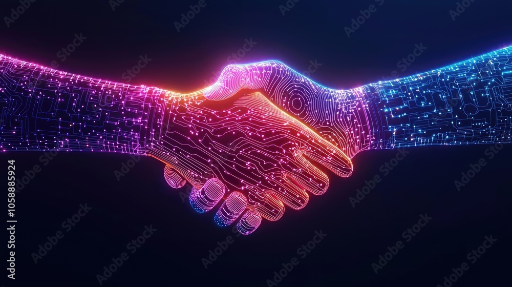Aufkleber futuristic handshake between two digital hands with glowing colors.