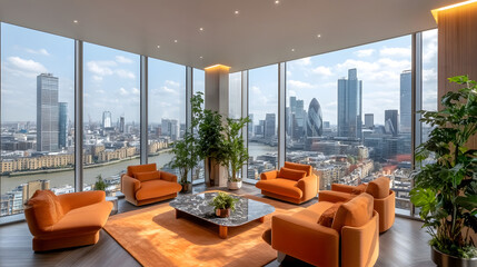 Fototapeta premium Modern office space with ergonomic furniture, large windows, and greenery for a productive environment