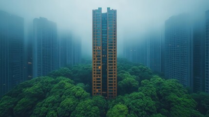 Fototapeta premium modern office building stands tall amid lush green trees in the foreground, symbolizing the blend of nature and business success in an urban environment