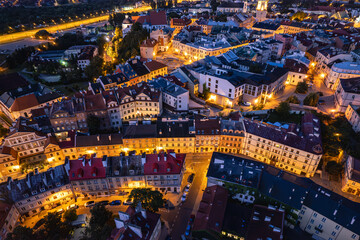 Lublin old town at night, drone photo. Lublin, Poland 4.08.2024 © Pawel 