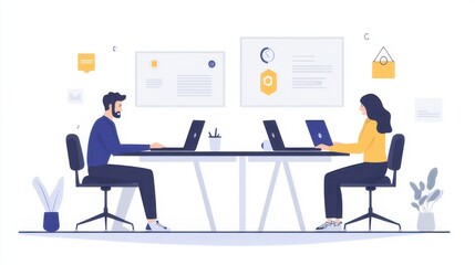 Obraz premium Two busy happy professional businessmen and female executive leadership team use their laptops at their desks to discuss financial projects in an office meeting