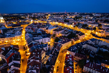 Lublin old town at night, drone photo. Lublin, Poland 4.08.2024 © Pawel 