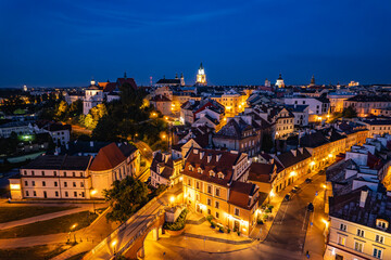 Lublin old town at night, drone photo. Lublin, Poland 4.08.2024 © Pawel 