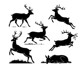 Deer Silhouette Set - Elegant Stag and Doe Vector Collection for Wildlife, Holiday, and New Year Design Elements