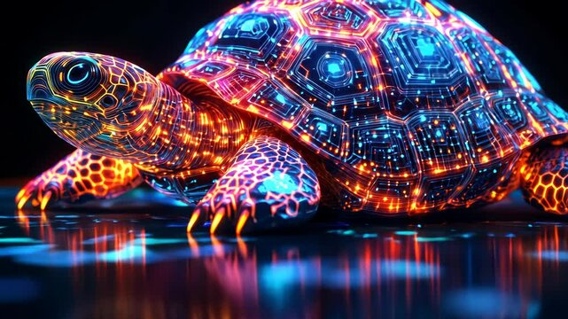 Neon glowing turtle shell with intricate digital patterns.