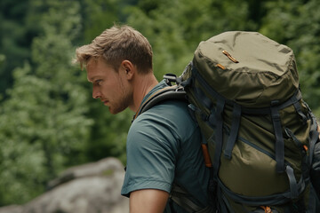 Man hiking with backpack in a lush forested area