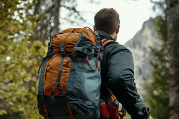 Fototapeta premium Hiker exploring a mountain trail with a large backpack