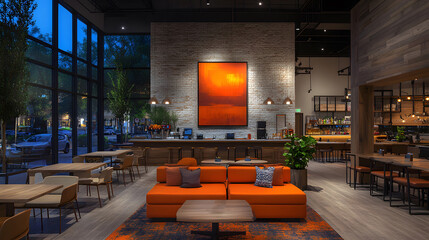 Dynamic coworking space with diverse seating options, vibrant colors, and collaborative areas for creativity