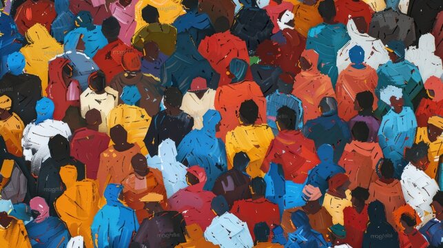 This image captures a vibrant and diverse crowd of people attending an event. The individuals are represented in a stylized, colorful manner, giving the scene a lively atmosphere.