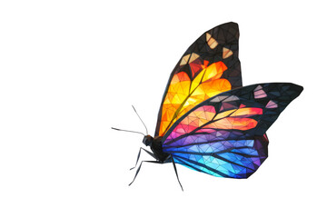 Naklejka premium Low poly butterfly with glowing rainbow colored geometric patterns on a plain white backdrop