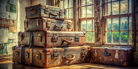 A stack of weathered leather suitcases with brass hardware, their worn surfaces revealing stories of journeys taken and memories made, sits beside a window overlooking a verdant landscape.