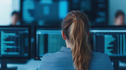 A person is focused on multiple computer screens displaying code, highlighting a tech-driven environment and collaborative workspace.