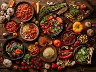 Fototapeta premium A variety of food and spices arranged on a wooden table, ready for cooking. Includes vegetables, fruits, bowls with different types of food, and a diverse selection from various culinary traditions.