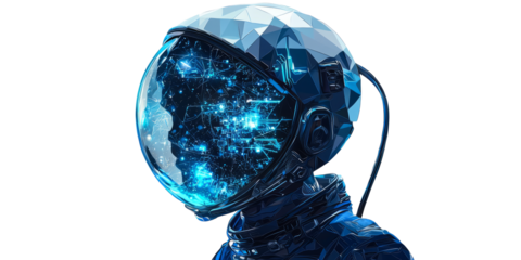 astronaut portrait with glowing neon-blue circuitry patterns on the helmet, low poly on a white background