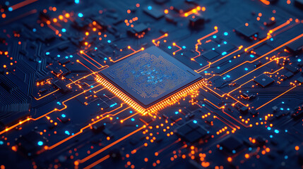 Close-Up of Glowing AI Microchip in Circuit Board