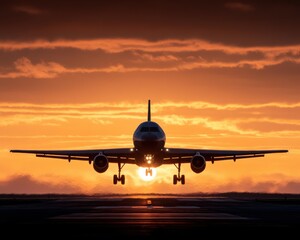 Aircraft Lifting Off at Sunset with Dramatic Sky
