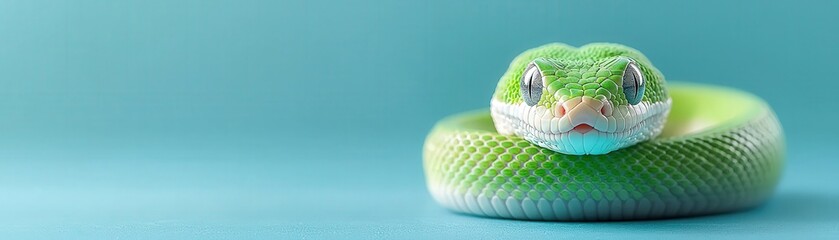 Fototapeta premium Green Snake Curled on Branch Close up Reptile Nature Wildlife Animal Green White B