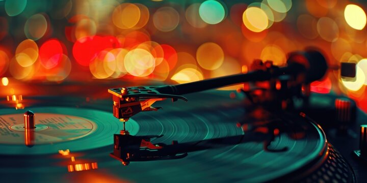 DJ set-up with glowing lights and vinyl records spinning
