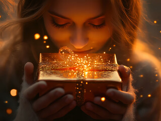 Woman Holding Golden, Glowing Gift Box with Enchanting Light and Blurred Background