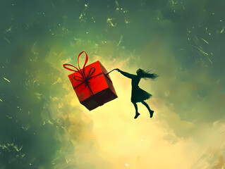 Silhouette Holding Red Gift Box in a Dreamlike Colorful Landscape