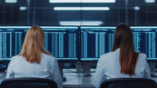 Two professionals in lab coats work at computer screens displaying data in a modern tech environment.