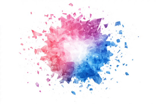 Cosmic explosion with glowing pink and blue fractal debris, low poly on a white background