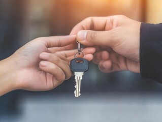 Hands exchanging car keys and keychain on sunset background.