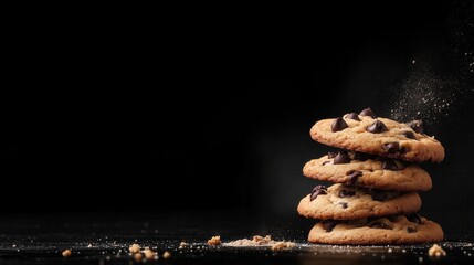 black background with five freshly baked chocolate chip cookies on the right side
