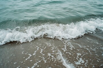 Fototapeta premium Foamy waves gently lap against the sandy shore, capturing a tranquil moment by the ocean, exuding calm and natural beauty.