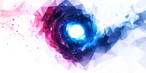 galaxy spiral with glowing neon-blue geometric lines,  low poly on a white background