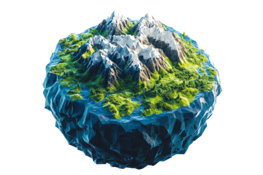Low poly model of a half-submerged Earth with glowing fractal patterns isolated on white