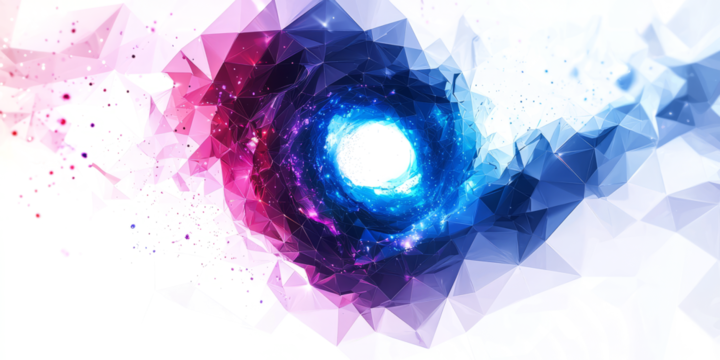 galaxy spiral with glowing neon-blue geometric lines,  low poly on a white background