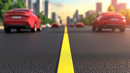 Red cars on highway with yellow lane markings and city skyline in background.