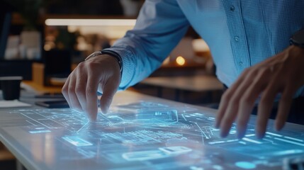 The image shows a man engaging with a holographic tablet, which displays dynamic graphics and data. The technology suggests advanced visualization capabilities for business or scientific analysis.