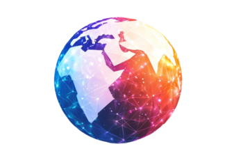 Planet made of glowing geometric patterns, floating low poly on a white background