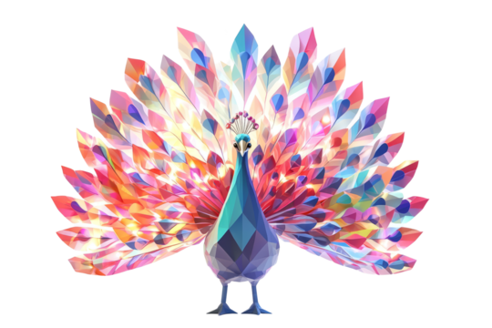 Peacock with glowing multicolor patterns fanning across its tail, low poly on a white background.