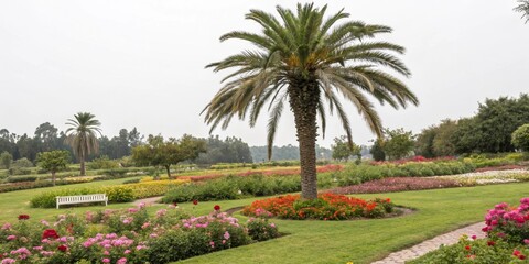 Obraz premium A stunning palm tree stands tall in the middle of a vibrant botanical garden surrounded by colorful flowers and lush greenery, colorful flowers, botanical gardens, lush foliage, serene atmosphere