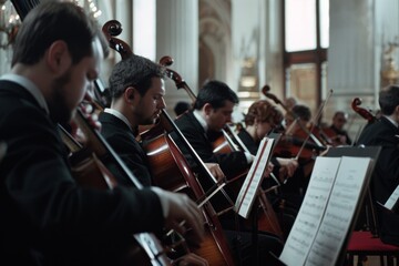 Fototapeta premium An orchestra in formal attire performs passionately, their focus mirrored in the elegant concert hall filled with resounding melodies.
