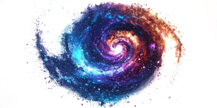 Spiral galaxy with glowing fractal arms, drifting in white space. low poly on a white background