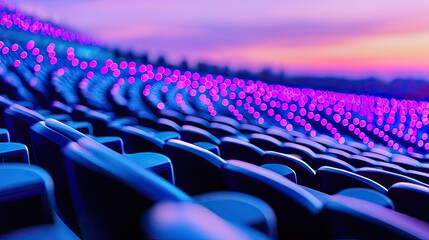 Colorful stadium seats with vibrant lights at sunset.