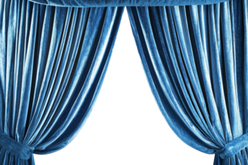 Luxurious blue velvet curtains slightly parted at the center, on white background